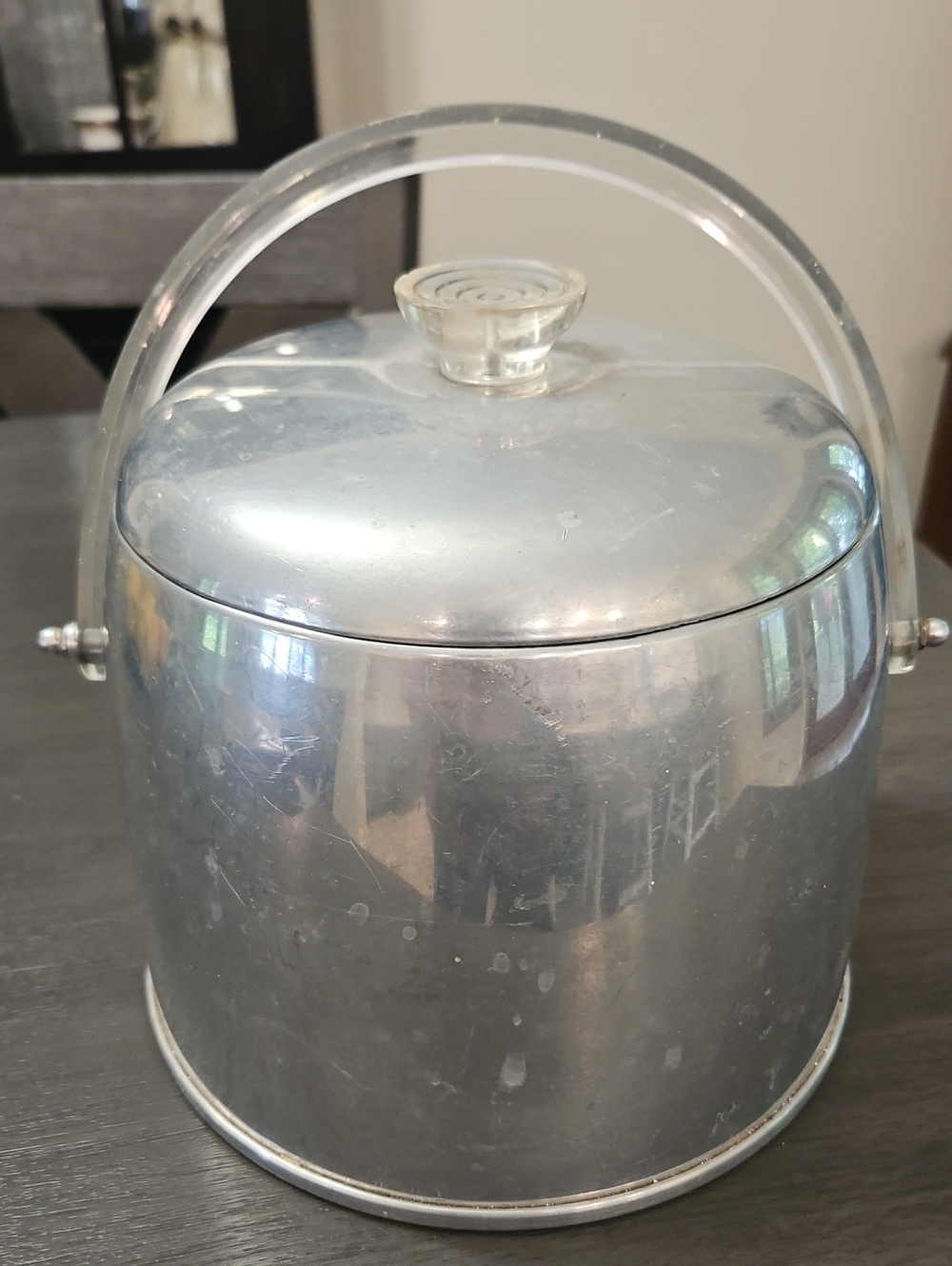 Vintage Kromex 1950s MCM Spun Aluminum Ice Bucket Acrylic Handle Retro Barware
